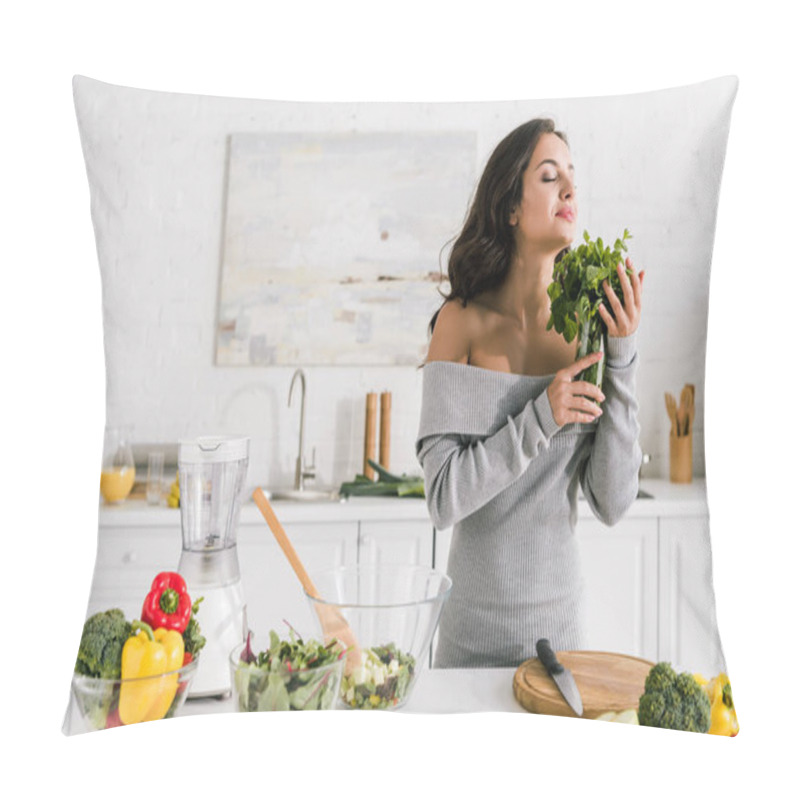 Personality  Attractive Girl Smelling Peppermint Near Vegetables  Pillow Covers