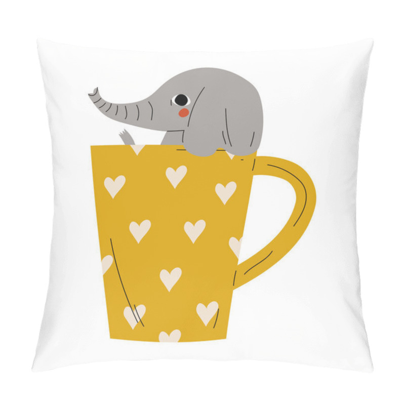 Personality  Cute Elephant In Yellow Teacup, Adorable Little Cartoon Animal Character Sitting In Coffee Mug Vector Illustration Pillow Covers