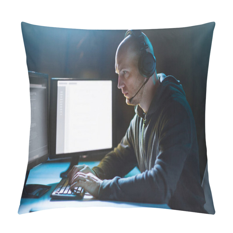 Personality  Hacker With Computer And Headset In Dark Room Pillow Covers