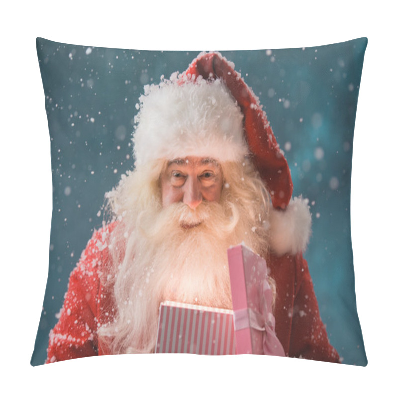 Personality  Happy Santa Claus Opening His Christmas Gift At North Pole Pillow Covers