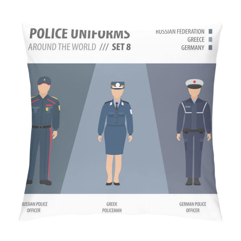 Personality  Police Uniforms Around The World. Suit, Clothing Of European Police Officers Vector Illustrations Set Pillow Covers