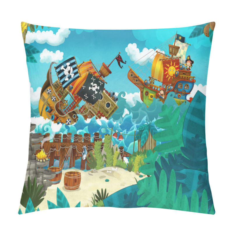 Personality  Cartoon Scene With Pirates On The Sea Battle With Sinking Ship - Illustration For The Children Pillow Covers