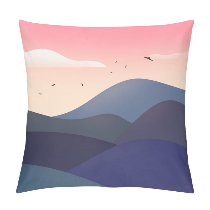 Personality  Hand Drawn Simple Illustration Of Landscape With Hills, Pink Sky And Birds Pillow Covers