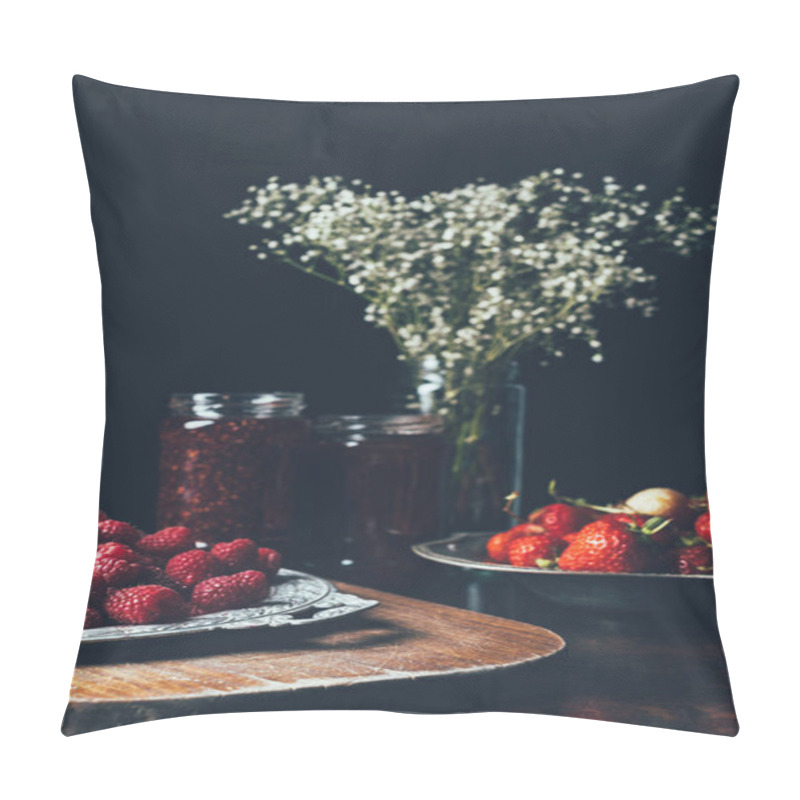 Personality  Selective Focus Of Raspberries, Strawberries, Jars With Jam And Flowers On Black Pillow Covers