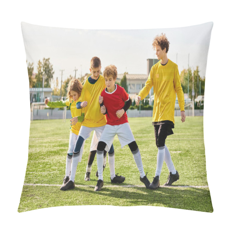 Personality  A Group Of Energetic Young Boys, In Their Soccer Jerseys, Standing Proudly At The Peak Of A Soccer Field, Showcasing Teamwork And Camaraderie In The Sport They Love. Pillow Covers