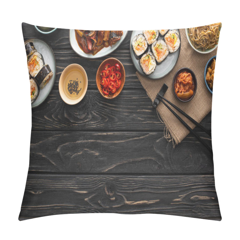 Personality  Top View Of Fresh Korean Side Dishes Near Gimbap And Chopsticks On Wooden Surface  Pillow Covers