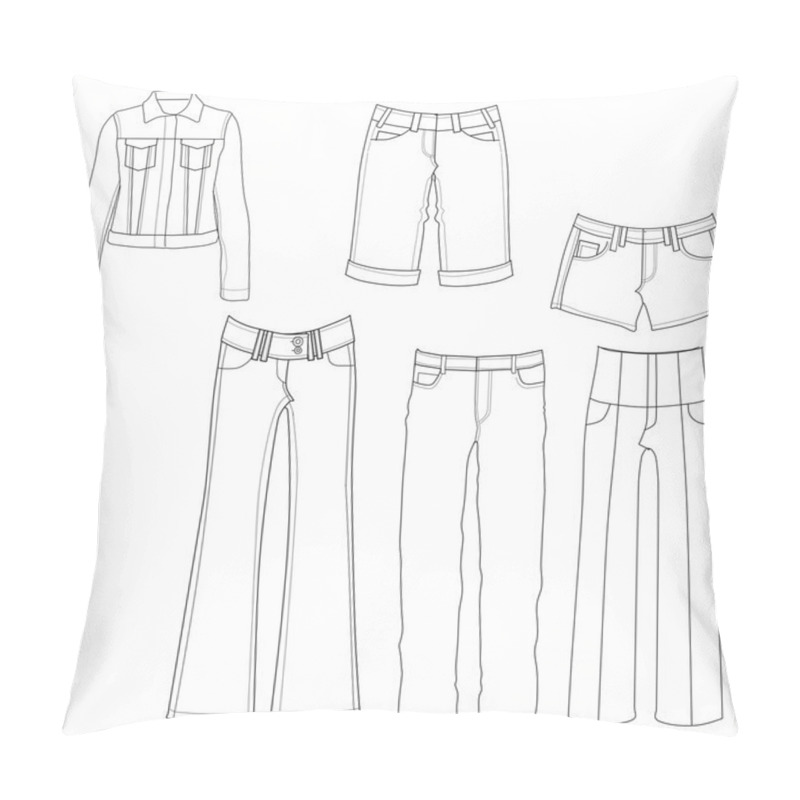 Personality  Flat Template Sketches Of Different Denim And Jeans Clothes - Set Of Denim Clothes Pillow Covers