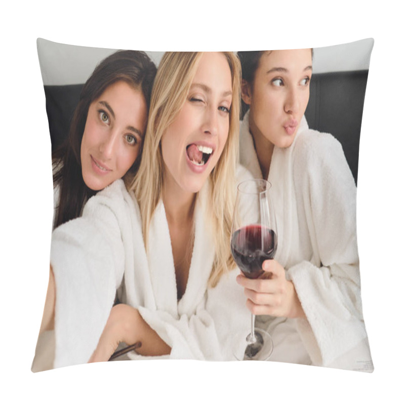 Personality  Young Pretty Woman With Blond Hair Showing Tongue Happily Looking In Camera. Three Beautiful Girls In White Bathrobes Sitting With Wine In Bed Joyfully Taking Photos Together In Modern Hotel Pillow Covers