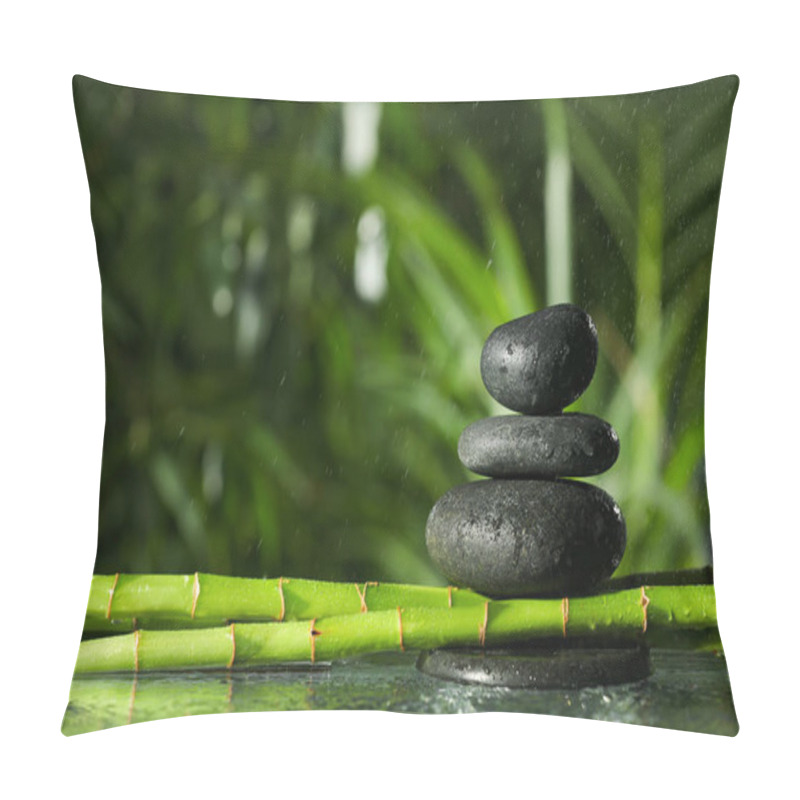 Personality  Stacked Stones On Bamboo Stems Over Water Against Blurred Background. Space For Text Pillow Covers