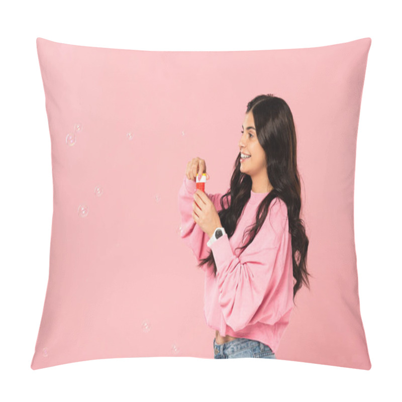 Personality  Smiling Girl Blowing Soap Bubbles Isolated On Pink Pillow Covers