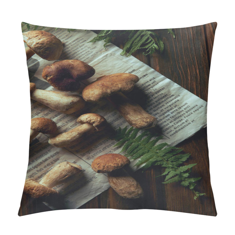 Personality  Top View Of Fresh Picked Boletus Edulis Mushrooms On Newspaper And Fern On Wooden Table  Pillow Covers