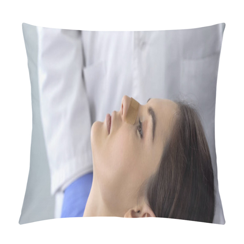 Personality  Ladys Nose Stuck With Plaster, Rhinoplasty Patient, Check For Fracture, Closeup Pillow Covers