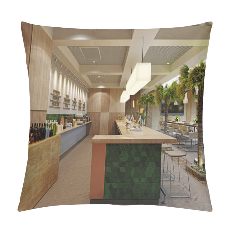 Personality  Green Tiled Bar Counter With Bar Stools In A Modern Restaurant With Palm Trees. Pillow Covers