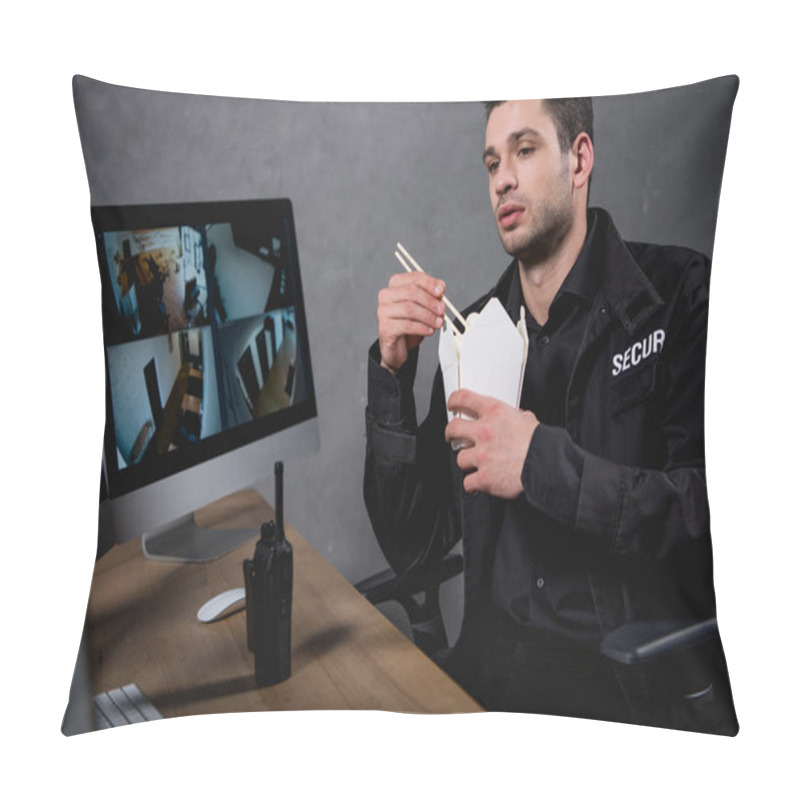 Personality  Handsome Guard In Uniform Eating Takeaway Food And Looking At Computer Monitor  Pillow Covers