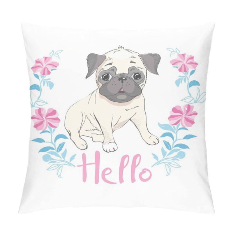 Personality  Puppy Pug In A Headband On Pink Background. Vector Illustration. Pillow Covers