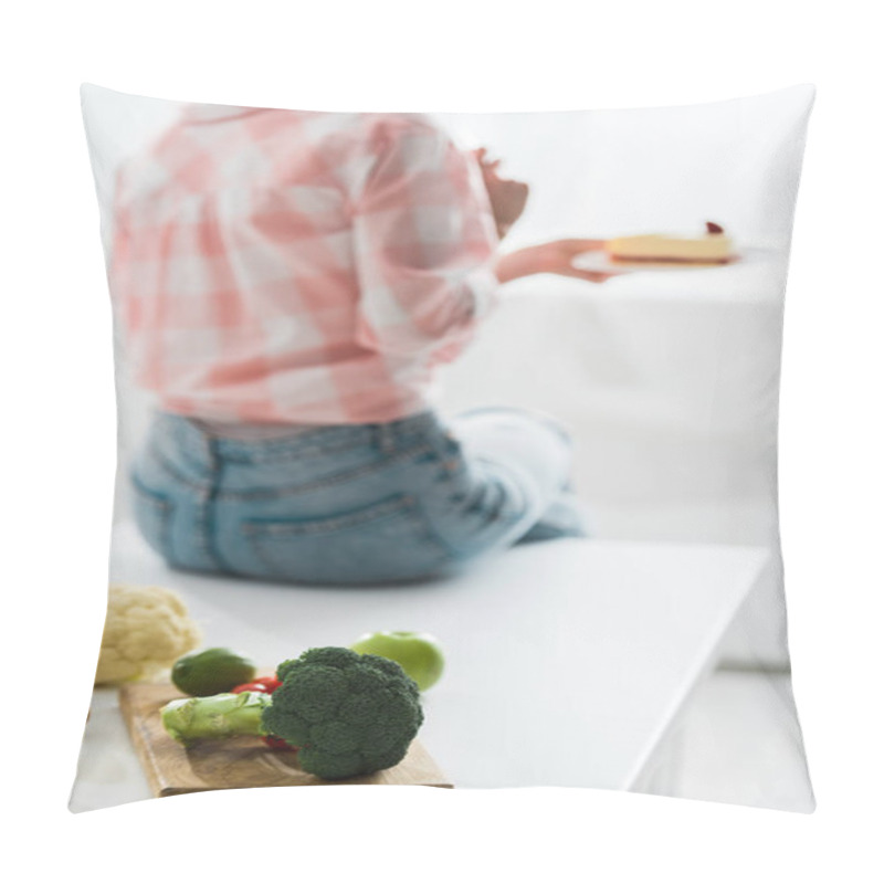 Personality  Organic Fruits And Vegetables Near Woman Holding Sweet Cake  Pillow Covers