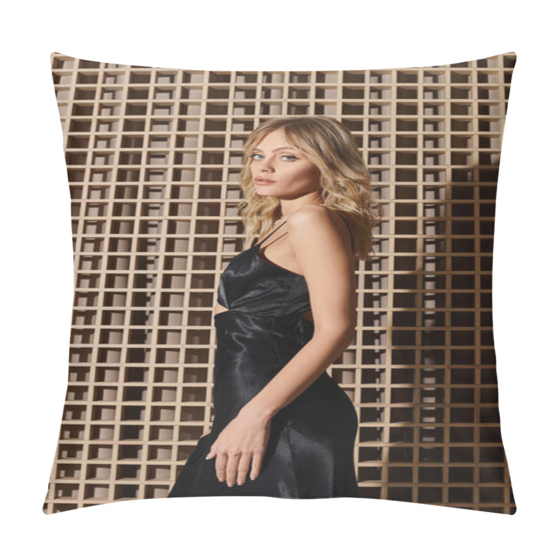 Personality  A Woman In A Black Dress Standing In Front Of A Wall In An Apartment. Pillow Covers