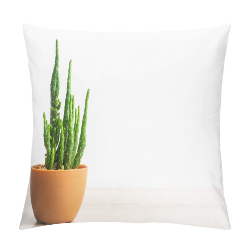 Personality  Opuntia Monacantha Cactus, Small Plants Grown In Orange Pots On Wooden Table And White Wall Background. Pillow Covers