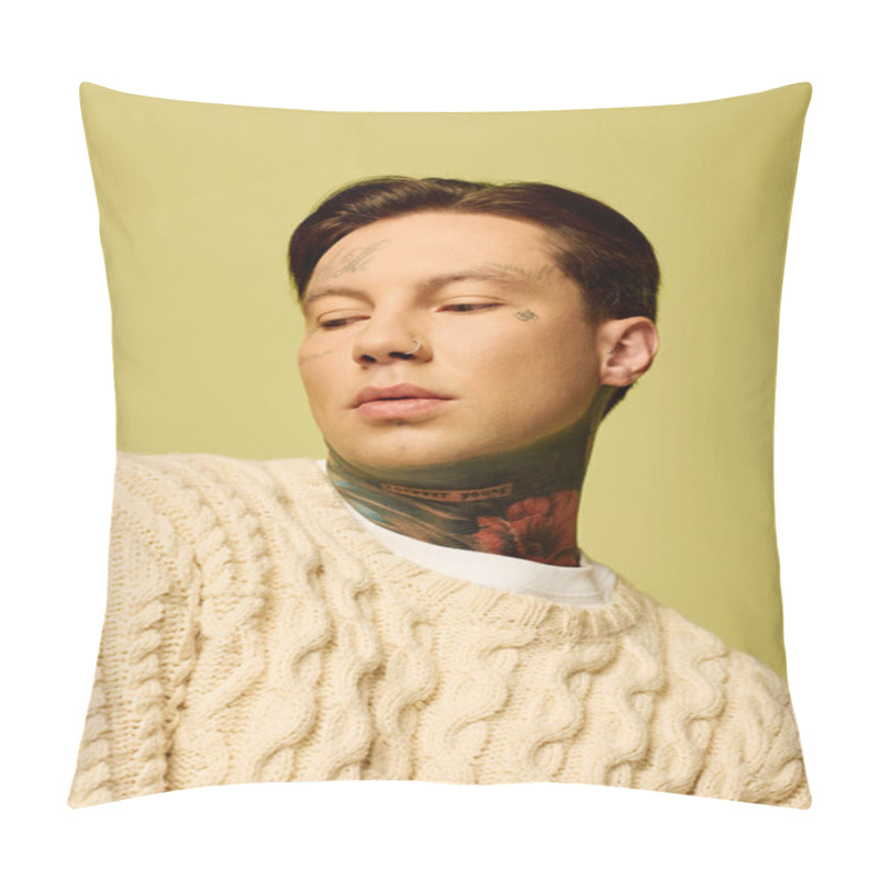 Personality  A Young Man Adorned With Intricate Tattoos Showcases A Contemplative Expression In A Warm Setting. Pillow Covers