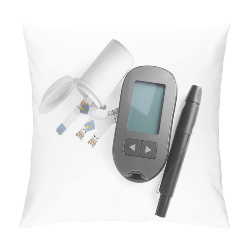 Personality  Glucometer, Lancet Pen And Bottle With Strips On White Background, Top View. Diabetes Testing Kit Pillow Covers