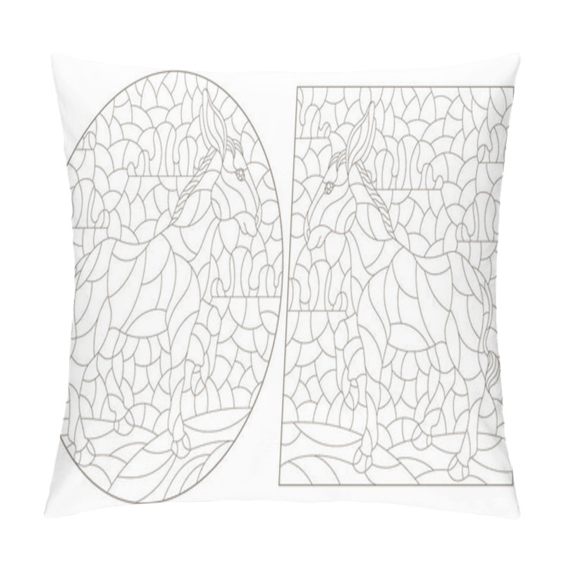 Personality  Set Of Contour Illustrations In The Style Of Stained Glass With Cute Donkeys, Dark Outlines On A White Background Pillow Covers