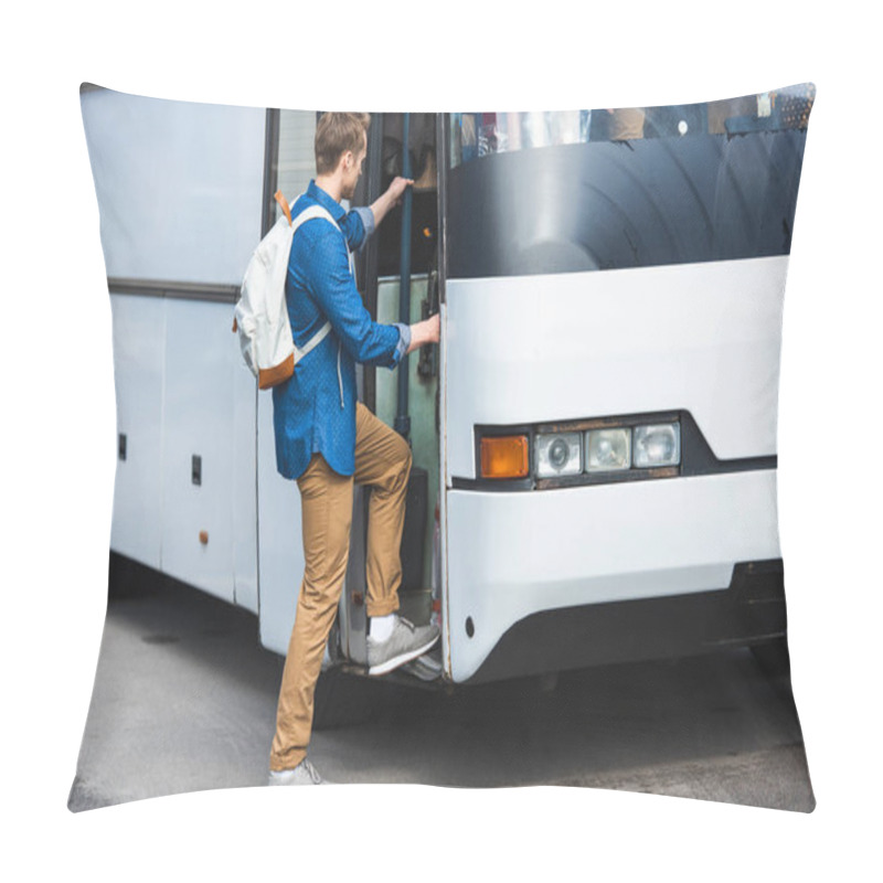 Personality  Side View Of Male Tourist With Backpack Walking Into Travel Bus At Street Pillow Covers