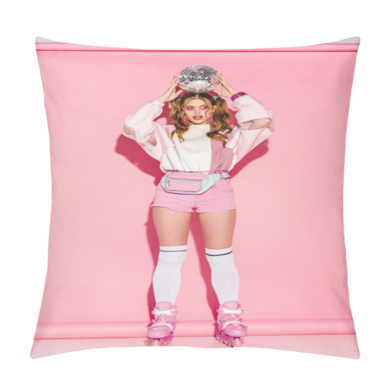 Personality  Attractive Girl In Sunglasses Holding Shiny Disco Ball Above Head While Standing In Roller-skates On Pink Pillow Covers