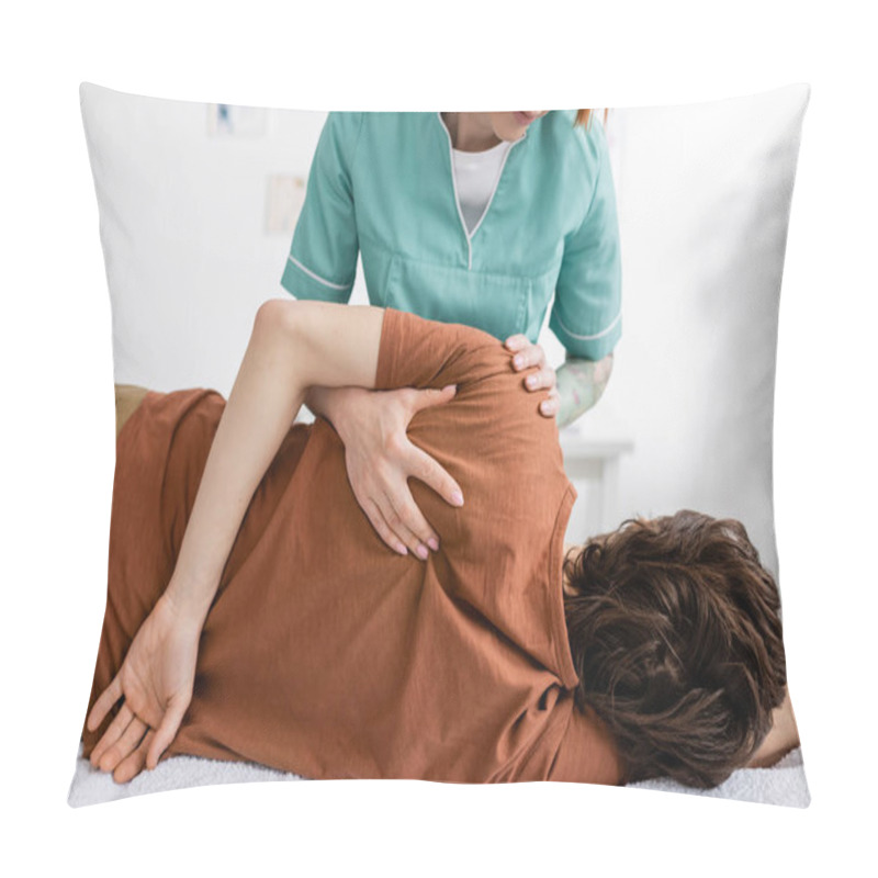 Personality  Physiotherapist Massaging Painful Shoulder Of Man In Rehabilitation Center Pillow Covers