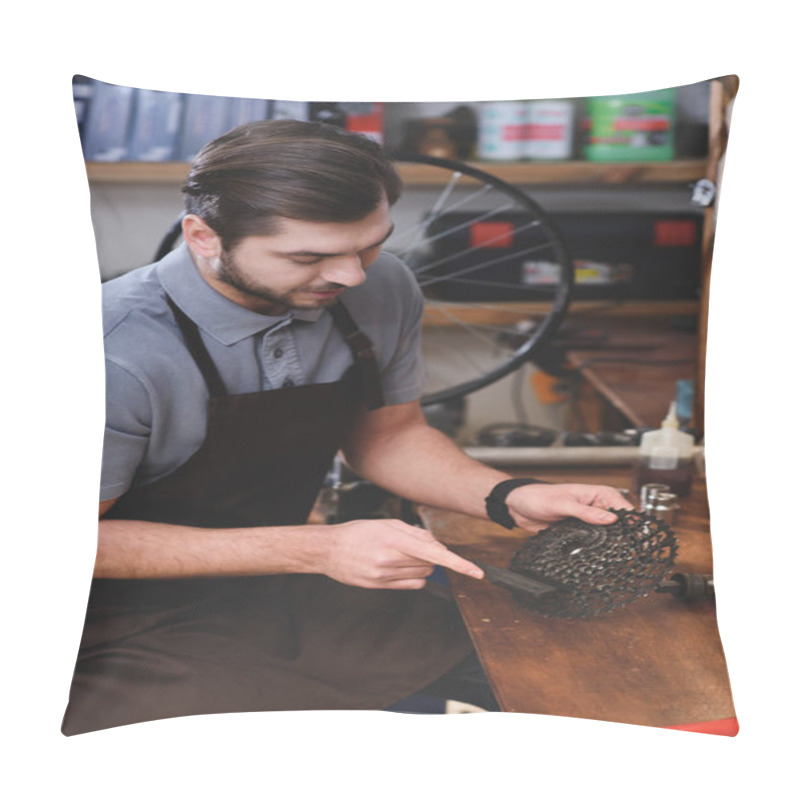 Personality  Young Man In Apron Working With Bicycle Chain In Workshop Pillow Covers