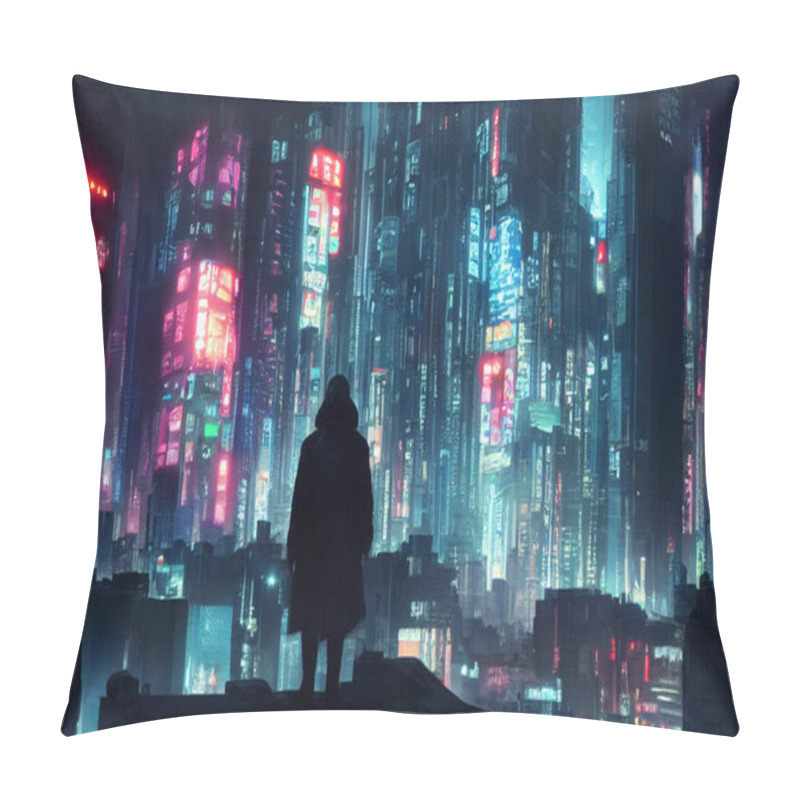 Personality  Concept Art Illustration Of Cyberpunk Avenger Standing On Top Of The Building And Looking At Cityscape Pillow Covers