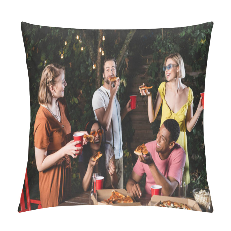 Personality  Happy Multicultural Friends Eating Pizza Near Plastic Cups And Beer Outdoors  Pillow Covers