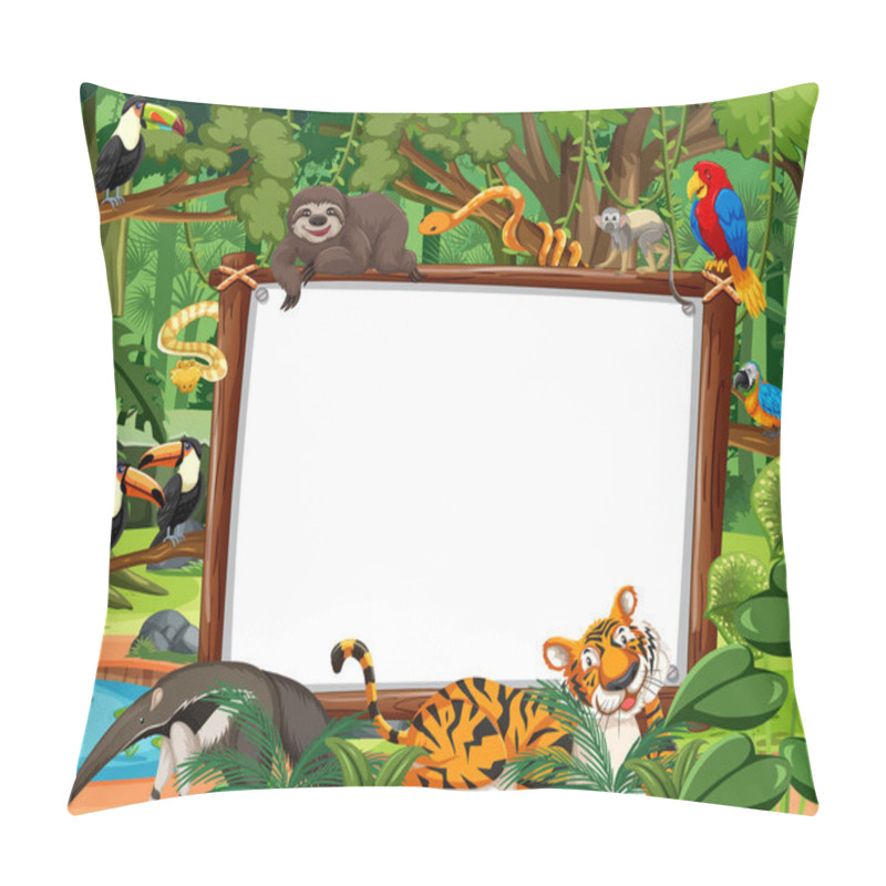 Personality  Blank Banner In The Rainforest Scene With Wild Animals Illustration Pillow Covers