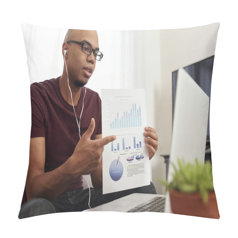 Personality  Young African-American Financial Analyst Showing Report To Colleagues During Online Conference Pillow Covers