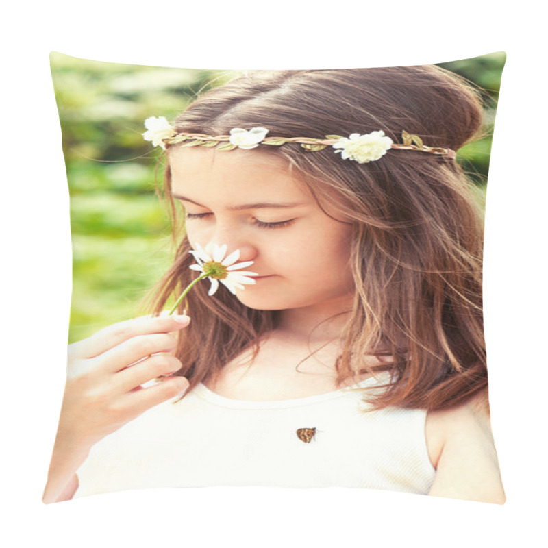 Personality  Carefree Childhood. Girl With Butterfly Smelling Camomile . Pillow Covers