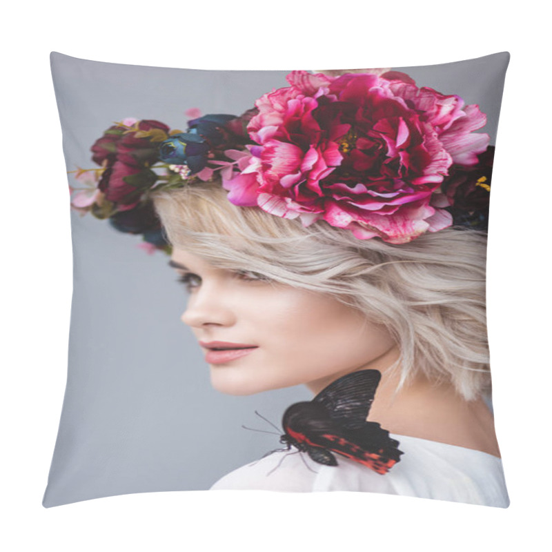 Personality  Portrait Of Elegant Girl In Floral Wreath With Beautiful Butterfly On Shoulder, Isolated On Grey Pillow Covers