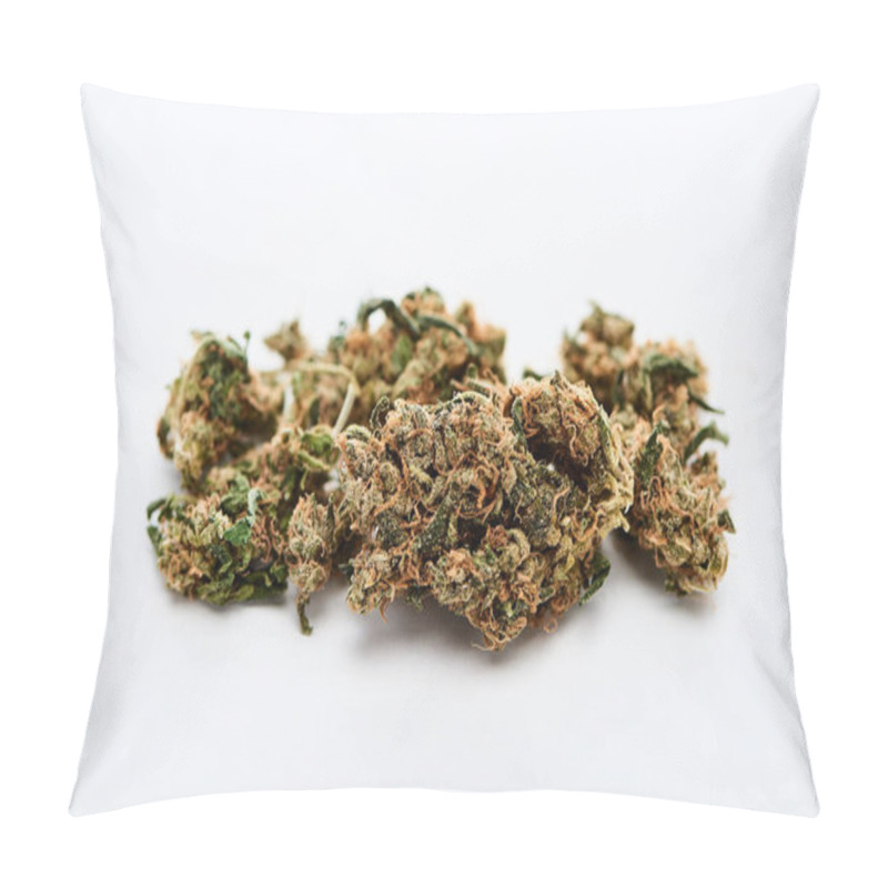 Personality  Close Up View Of Natural Marijuana Buds On White Background Pillow Covers