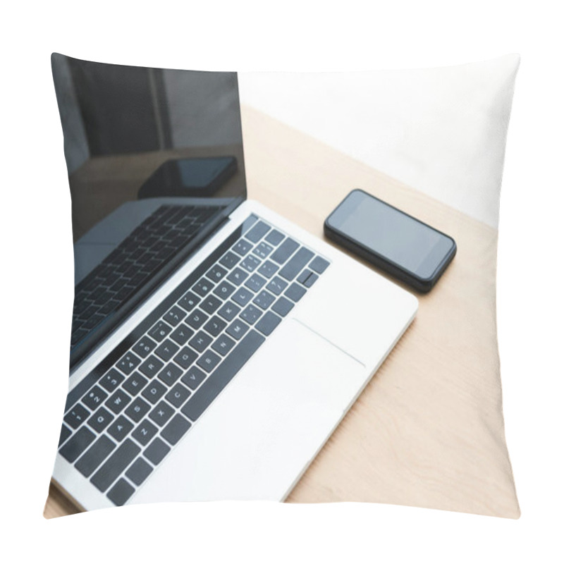 Personality  Laptop And Smartphone With Blank Screens On Wooden Table  Pillow Covers