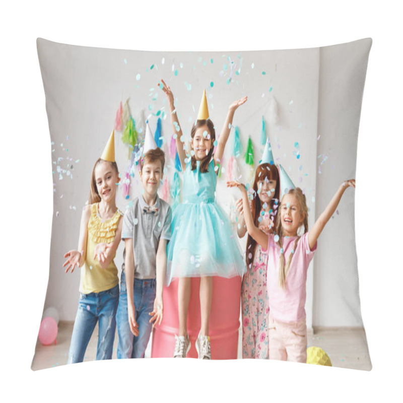 Personality  Adorable Kids Have Fun Together, Throw Colourful Confetti, Wears Cone Hats, Have Fun At Birthday Party, Play Together In Different Games, Spend Time In Decorated Room. Children And Events Concept Pillow Covers