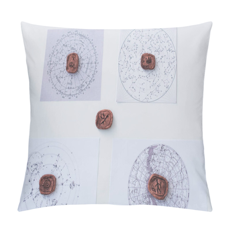 Personality  Top View Of Clay Runes And Constellation Charts On White Surface Pillow Covers