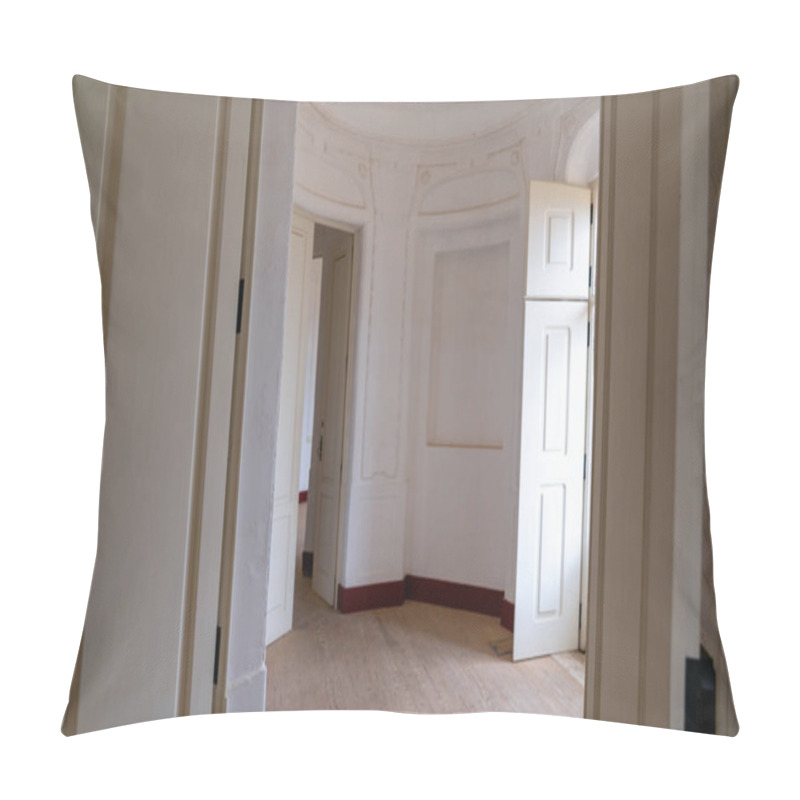 Personality  Alcacova, Portugal - 25 March,. 2022: Elegant Empty Round Room With Wooden Floors And Tall White Walls And Large French Doors Pillow Covers