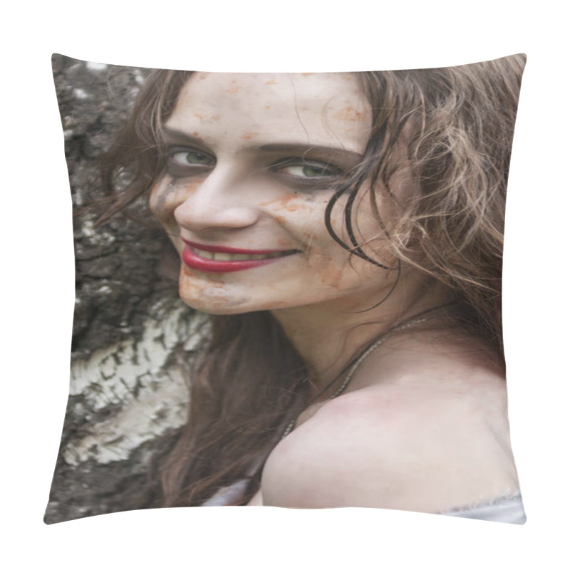 Personality  Beautiful Young Dirty Smiling Mad And Manic Looking Girl Wearing Torn Clothes And Smeared With Mud And Dried Blood Stands And Huddles To A Tree In The Forest. Copy Space. Concept Design. Pillow Covers