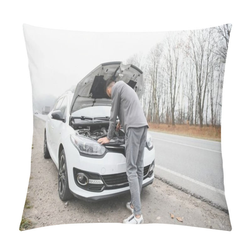 Personality  Young Stressed Man Having Trouble With His Broken Car Looking In Frustration At Failed Engine. Pillow Covers