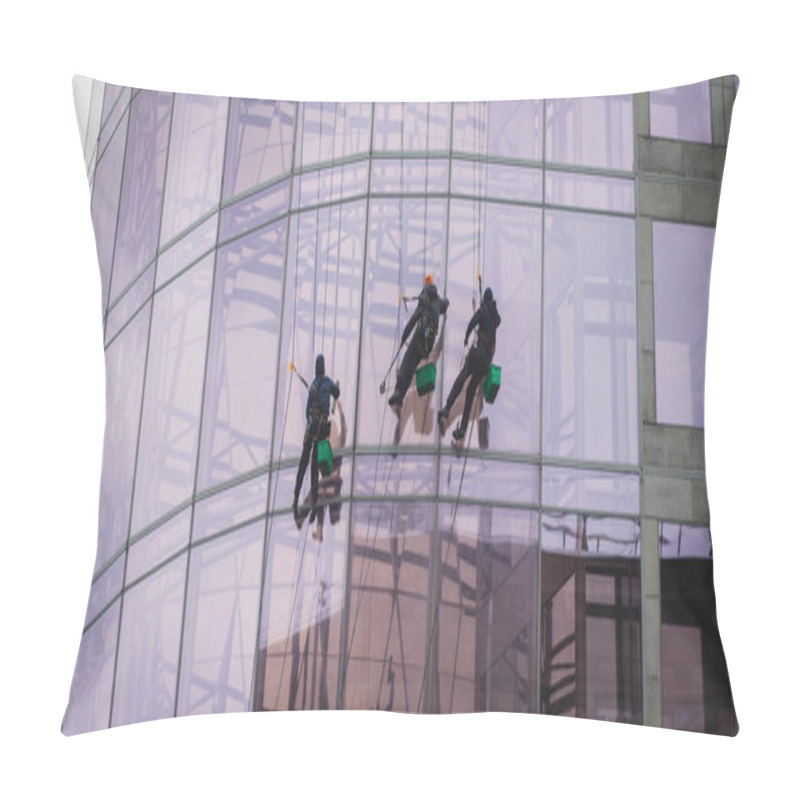 Personality  Group Of Workers Cleaning The Windows On The High Rise Building, Industrial Mountaineers Washing The Glass Facade Of A Modern Office Buildin Pillow Covers