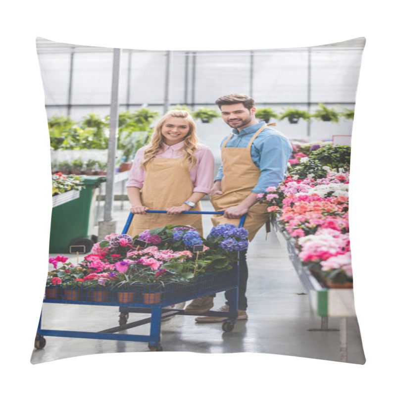 Personality  Male And Female Gardeners Standing By Cart With Flowers In Greenhouse Pillow Covers