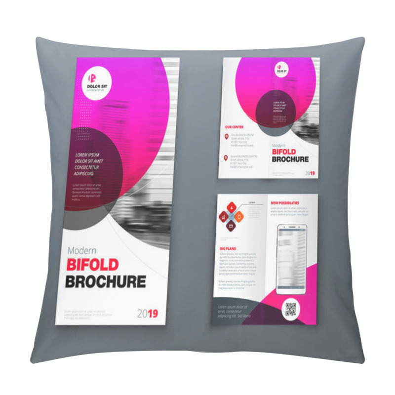 Personality  Tri Fold Brochure Design. Pink Business Template For Tri Fold Flyer. Layout With Modern Circle Photo And Abstract Background. Creative 3 Folded Flyer Or Brochure Concept. Pillow Covers