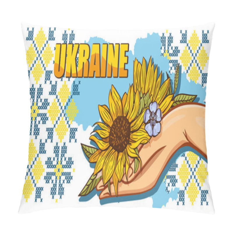 Personality  Patriotic Ukrainian Banner With Traditional Tribal Ornament And Hand Holding Bouquet Of Sunflowers And Periwinkle. Stand With Ukraine Concept Pillow Covers