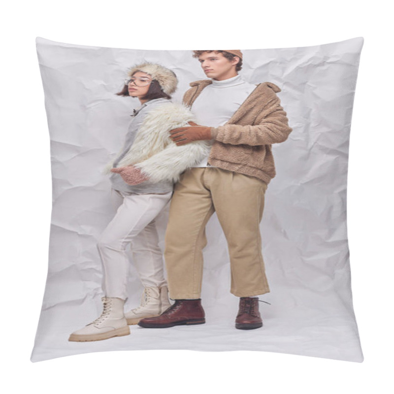 Personality  Full Length Of Multiethnic Couple In Worm Cozy Outfits Looking Away  On White Textured Backdrop Pillow Covers