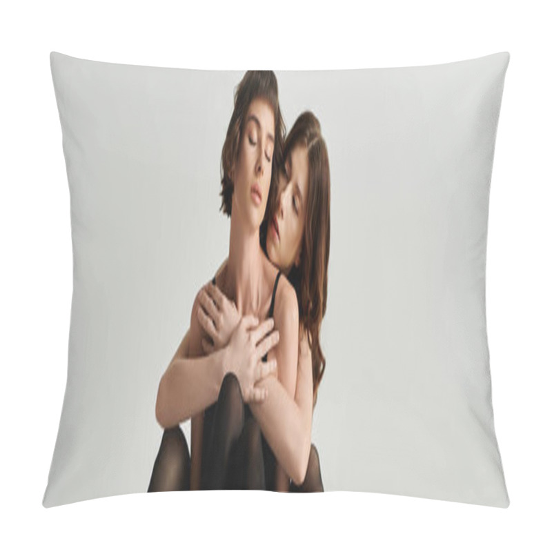 Personality  Two Young Women In Black Bodysuits Embrace Against A Grey Background, Capturing A Moment Of Intimacy And Connection. Pillow Covers