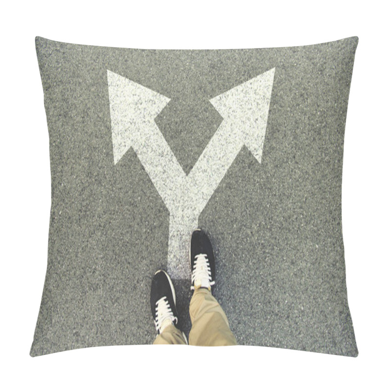 Personality  Double Arrow Painted On An Asphalt Road. Top View Of The Legs And Shoes. POV Pillow Covers