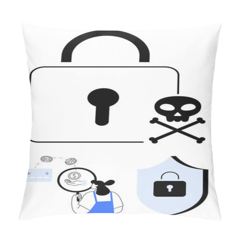 Personality  Locked Padlock With Skull And Crossbones Warning Symbol, Woman Analyzing Data, And Shield With Padlock Icon. Ideal For Cybersecurity, Data Protection, Internet Safety, Risk Management, IT Security Pillow Covers